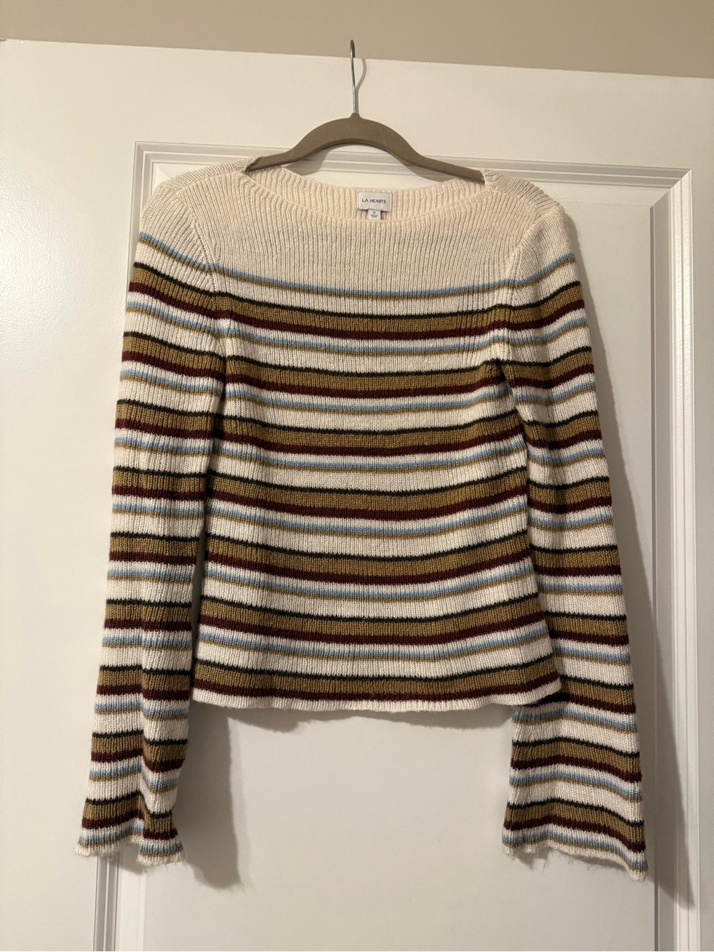 LA MADE Striped Ribbed Sweater in Cream, Brown & Light Blue